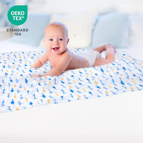 Image of david's kids 4 Pack Baby Muslin Swaddle Blankets, 100% Cotton and Ultra Soft Breathable Receiving Blanket Wrap for Boys Girls, New Born Essentials, Large 47 x 47 inches, Whale