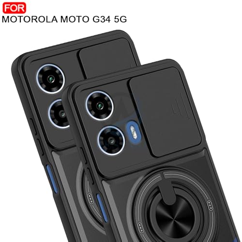Image of AESTMO Moto G34 5G / G45 5G Back Cover | Armor Camera Slider 360 Degree Rotating Finger Ring Holder Case with Bracket Stand Back Case Cover (Compatible with MagSafe Accessories) (Black)