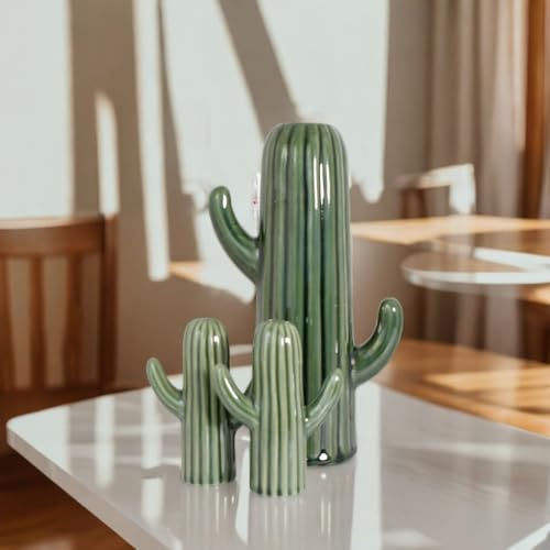 Image of Salt Pepper Set for Dining Table & Kitchen | Ceramic Salt and Pepper Shakers, Salt Pepper Dispenser, Container, Sprinkler | Home | Cafe | Office - 60 ML (Cactus with Vase, 1 Set)