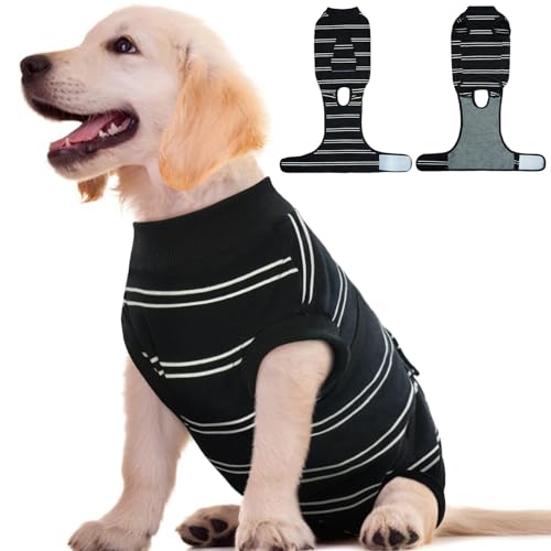 Image of Kuoser Dog Surgery Recovery Suit, Soft Breathable Dog Recovery Suit for Female Spay Male Nueuter, Anti Licking Puppy Onesie Pet Surgical Suit for Dogs Abdominal Wounds Skin Disease, Black Strips XS