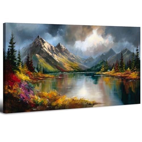 Art Mural Montagne Paysage Montagne Décoration Murale Forêt Mur Photos Lac Tableaux pour Salon Neige Montagnes Impression sur Toile Nature Paysage Peinture...