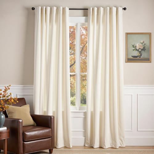 Lazzzy Ivory Curtains Light Filtering Velvet Curtains 84 Inch Length Drapes for Living Room Bedroom Cream Window Treatments Super Soft Luxury Drapes Back Tab 2 Panels