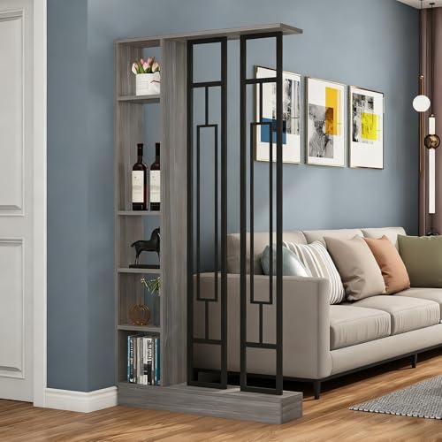 モダンウッド壁用ルームディバイダー(多層棚付き)、室内用メタルプライバシースクリーン収納キャビネット、上げ底、ホーム・ベッドルーム装飾用ブックシェルフ(Walnut+Black,80cm/31.5in)