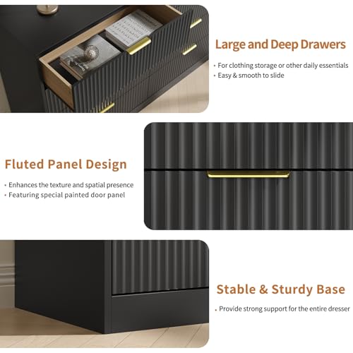 Image of Black Dresser with 8 Drawer 55 inch Wide Fluted Dresser for Bedroom丨Double Drawer Dresser Modern Chest of Drawers with Gold Handle, Wood TV Stand for Bedroom, Living Room, Entryway, Black