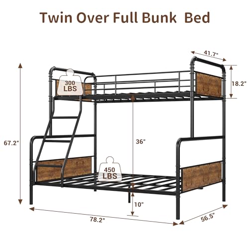 Garvee Bunk Beds Twin Over Full Size, Heavy Duty Bunk Beds with Ladder and Guardrail,Metal Bunk Bed for Kids,Teens,Noise-Free,Black & Brown