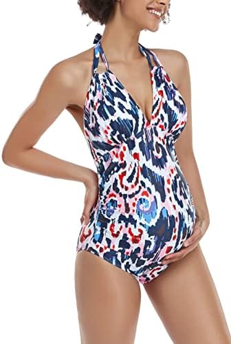 EastElegant Maternity Swimsuits One Piece V-Neck Pregnancy Swimwear Halter Maternity Bikini (Black Pink Floral, S)