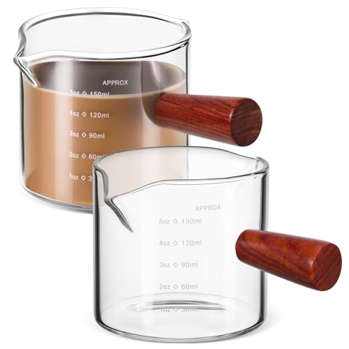 Kichvoe 2Pcs Espresso Cups With Wood Handle - Small Glass Creamer Pitcher - Measuring Triple Pitcher, Double Spout 150ml/ 5 OZ Syrup Pitcher For Milk Coffee Creamer Baking Measuring