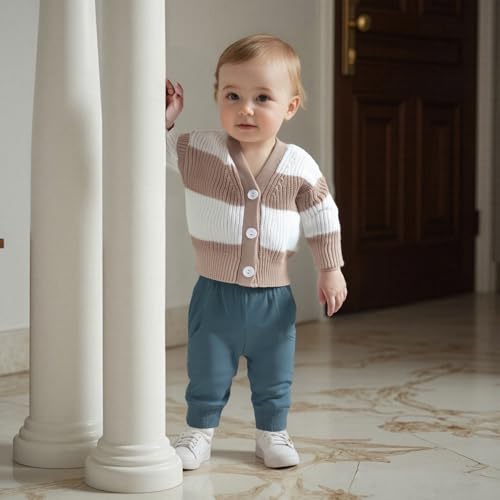 Toddler Baby Girl Boy Knit Sweater Cardigan V Neck Color Block Button Up Sweaters Fall Winter Clothes2