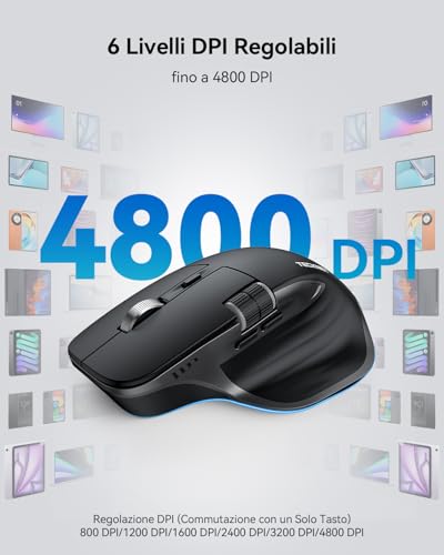 TECKNET Mouse Wireless Bluetooth ad Alte Prestazioni (BT5.0/5.0+2.4G), Rotella di Scorrimento Orizzontale, Scorrimento Rapido, 4800 DPI Mouse Ergonomico Ricaricabile per PC/Tablet/MacOS/Windows, Nero - Immagine 5