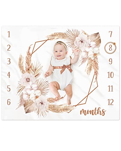 Image of Eunikroko Boho Baby Milestone Monthly Blanket Floral Neutral Baby Nursery Growth Chart Dried Pampas Grass Gender Reveal Present Photo Props Little Boy Girl Bohemian Blanket Expecting Mom Gift Idea