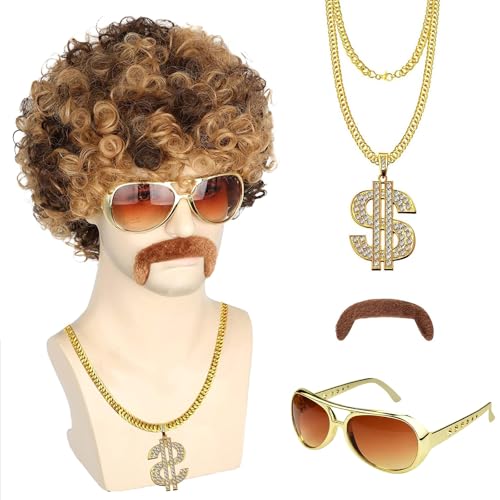 NebulaGlam Fato de anos 80, disfarces hippies, com peruca para homem, barba, colar de dolares, óculos de sol, homem dos anos 80 e 90 acessórios hippies para o Halloween cosplay carnaval