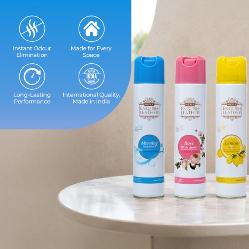 Image of Next Care English Leather Air Freshener Spray 220ml Each | Long Lasting Room Freshener for Home, Office & Car | Odour Eliminator (Rose, Morning & Lemon)