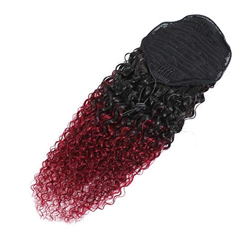 RACILY Ombre Curly Wave Human Hair Ponytail with Wrap Drawstring, 1B Burgundy Colored 3C Remy Brazilian Virgin Hair Pony Tail, Afro Kinky Curly Hair Piece 99J Clip in Extensions (20")