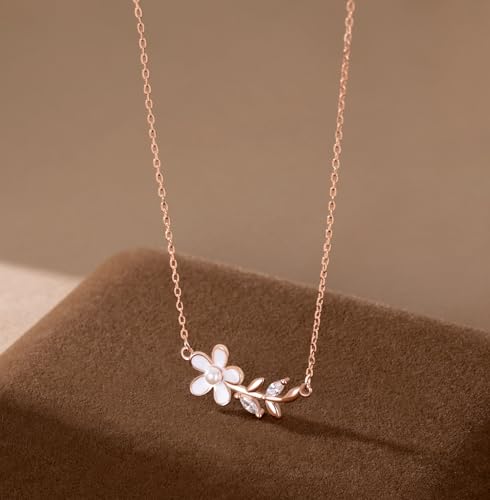 Reffeer Solid 925 Sterling Silver Daisy Flower Choker Necklace for Women Teen Girls CZ Leaf Pendant Necklace4