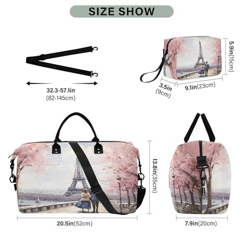 YETTASBIN Travel Duffel Bag for Women Men, Paris Eiffel Tower Large Waterproof Weekender Overnight Bag, Detachable Shoulder Strap Travel Sport Gym Bag with Toiletry Bag3