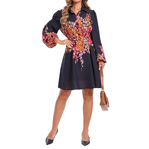 Women's Long Sleeve Summer Button Down A-Line Floral Print Fall Cocktail Shirt Dresses with Belt for Work Vocation4