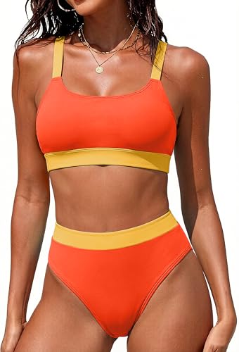 ZINPRETTY Women High Waisted Bikini Sets Color Block Swimsuits 2 Piece Bathing Suits Tummy Control Sporty Teens