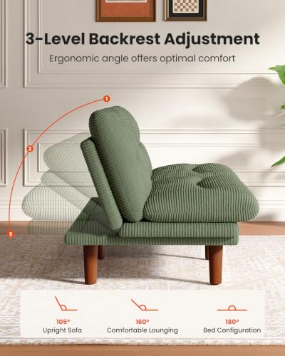 Image of Amada Convertible Futon Sofa Bed, Corduroy Folding Futon Set with Adjustable Backrest &Armrests, Recliner Lounge for Living Room, Apartment or Office, Solid Wood Frame, Loveseat Sofa -Green 75 Inch