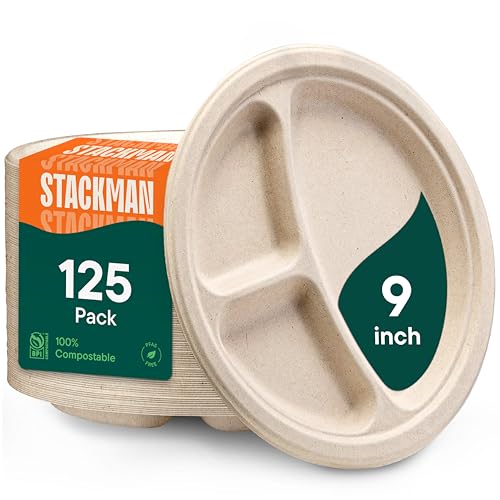 100% Compostable, 3 Compartment, Disposable Paper Plates [125-Pack] - {PFAS Free} - {BPA Certified} - [9 Inch] Heavy Duty Biodegradable Bagasse Sectional Lunch Trays + Dividers - Divided Platte Tray