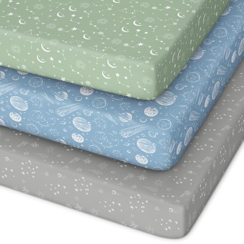 Image of Unnivoll Pack and Play Sheets Fitted 3 Pack, Mini Crib Sheets for Pack N Play Mattress Stretchy Portable Playard Sheets, Soft Breathable Green Gray Constellation