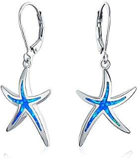 Nautical Aquatic Tropical Beach Vacation Iridescent White Or Blue Created Opal Inlay Starfish Dangle Drop Lever back Earrings For Women .925 Sterling Silver