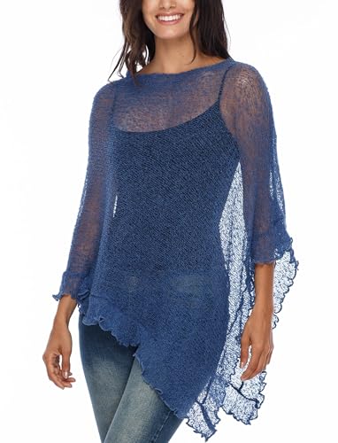 Image of SHU-SHI Women's Sheer Knit Poncho Shrug Lightweight Asymmetrical Ruffle Wrap Dressy Summer Shawl Cover Up Top