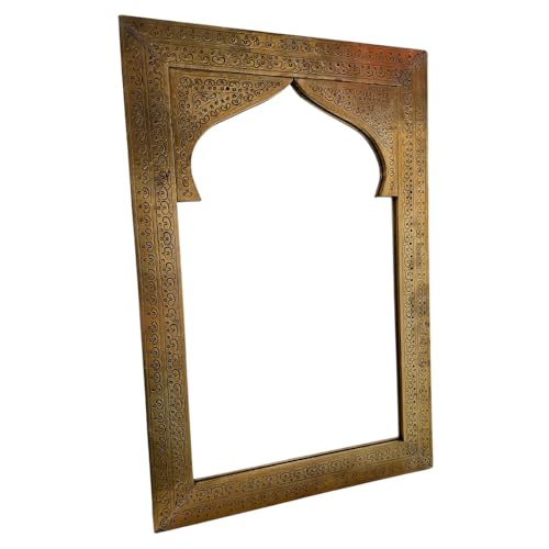 ARTIGIANATO VULCANO Artisanal Miroir marocain en laiton, cadre décoratif ciselé à la main, style arabe géométrique, 40 x h60 cm, montage mural ou support