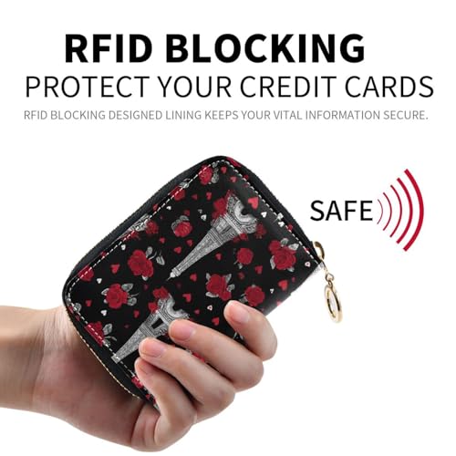 RFID Credit Card Wallet Eiffel Tower Rose Red Black PU Leather Purse Case with Zipper Card Holder for Women Girls2