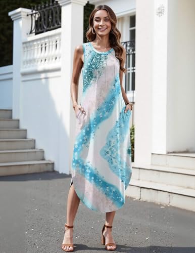 Image of Zeagoo Women Floral Summer Casual Beach Printed Tank Dress with Pockets Pleated Front Long Dress