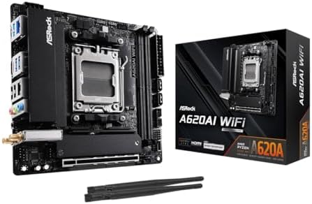 ASRock A620AI WiFi AMD AM5 Mini-ITX Motherboard, Supports AMD Ryzen 9000/8000/7000 Series Processors, DDR5 8200+ (OC), PCIe 4.0, Dual LAN, WiFi 6E, 8+2+1 Power Phase