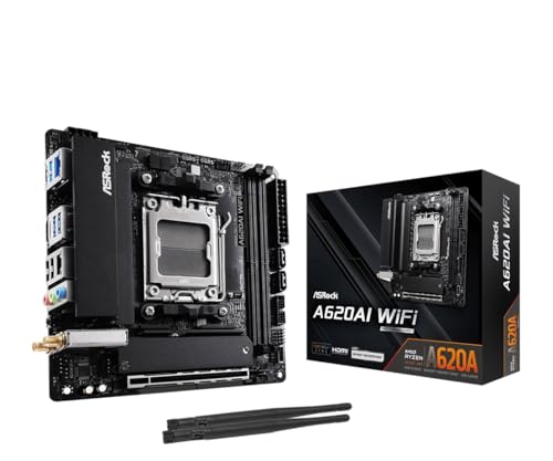 ASRock A620AI WiFi AMD AM5 Mini-ITX Motherboard, Supports AMD Ryzen 9000/8000/7000 Series Processors, DDR5 8200+ (OC), PCIe 4.0, Dual LAN, WiFi 6E, 8+2+1 Power Phase