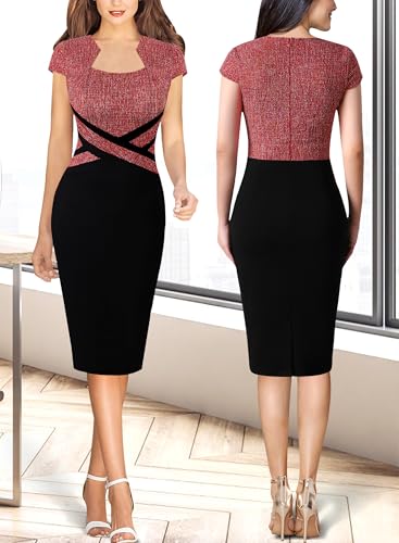 Image of VFSHOW Womens Square Neck Work Office Business Bodycon Dress 1950s Cap Sleeve Elegant Church Slim Fitted Pencil Sheath Dress