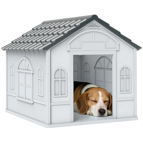PawHut Casetta Cani di Taglia Media e Piccola con Tetto Inclinato e Porta di Ingresso, Cuccia per Cani in PP Impermeabile, 65x75.7x63 cm, Grigio