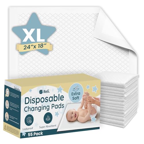 Image of Reli. Premium XL Disposable Baby Changing Pad Liners | XL 24" x 18" | 55 Pack | Super Absorbent, Soft, Leak-Proof, Waterproof, Quick Dry | Carry On The Go for Quick Diaper Changes (White)