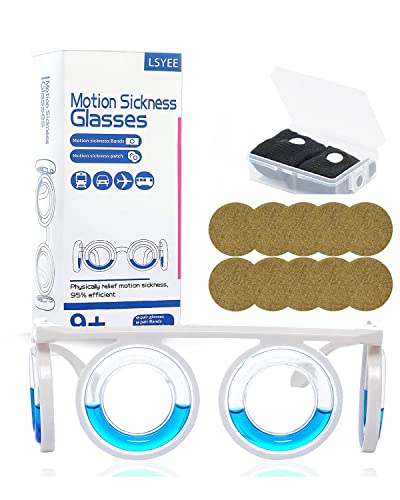 LSYEE Anti- Motion Sickness Glasses,Motion Sickness Bands(Random Color),10*Pieces of Motion Sickness Patches,Antiemetic,Three in One Package for Adults or Kids