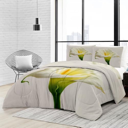 Couette 200x200 en microfibre douce blanche avec imprimé floral fleurs de calla