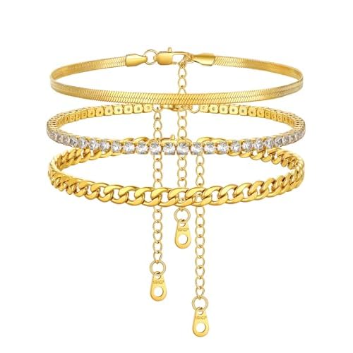 FindChic Black/Silver/Gold Plated Anklets Set of 2PCS/3PCS Herringbone Chain Cuban Link Heart Charm Sparkling Tennis Ankle Bracelets, Waterproof Summe