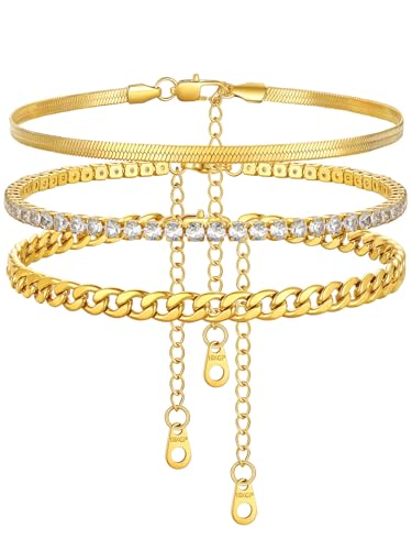 Image of FindChic Black /Silver /Gold Plated Anklets Set of 2PCS /3PCS Herringbone Chain Cuban Link Heart Charm Sparkling Tennis Ankle Bracelets, Waterproof Summer Foot Jewelry for Beach