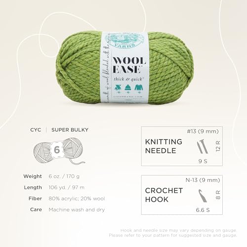 Image of Lion Brand Yarn Wool-Ease Thick & Quick Yarn, Soft and Bulky Yarn for Knitting, Crocheting, and Crafting, 1 Skein, Grass | Super Bulky Wool Acrylic Blend Fiber for Soft Hats, Sweaters, Chunky Blankets, Yarn for Crochet, Knitting, Crafts, Weaving