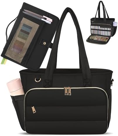 Large Bible Bag with Cover Case for Women, Church Bag with Shoulder Strap, Tote for Bible Study Supplies, Christian Gift (Black)