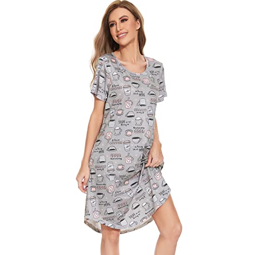 Moyee Women Nightgown Short Sleeve Pajama Dress Nightwear Sleep Shirt Sleepwear With Pockets With Pockets, Coffee Cup, Xx-Large #TOP2
