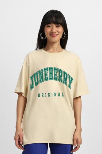 Image of JUNEBERRY Pure Cotton Oversized Drop Shoulder Brand Logo Typography Print Round-Neck Baggy Fit T-Shirt for Women (Available in Navy, Green & Pink Colors)