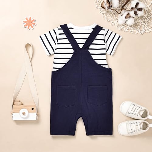 Image of Baby Boy Clothes Striped Romper Cartoon Overall Set 0-18M | Soft Breathable Cotton Romper And Animal Cartoon Overall Shorts Set Offering All-Day Comfort, Daily Wear, Machine Washable