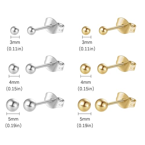 6 Pairs Surgical Steel & 14K Gold Plated Ball Stud Earrings Set, 3/4/5mm Hypoallergenic for Women & Men4