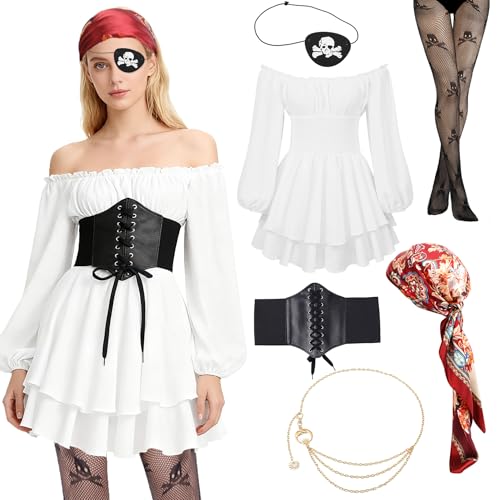 Piratenkostüm Damen Mittelalter Sexy Piraten Kleid Off Shoulder Piraten Accessoires Korsett, Skeleton Strumpf, Kopftuch, Augenklappe Halloween...