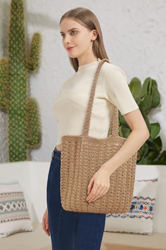 Image of TeeYee Boho Crochet Summer Handbag Handmade Cotton Rope Knit Shoulder Bags for Women Bohemia Tote for Travel