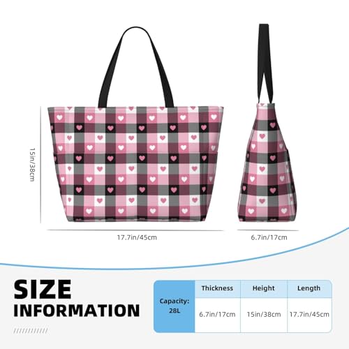 Large Beach Bags Water-resistant Sandproof - Pink heart plaid Cute Beach Tote Bags for Women with Zipper2