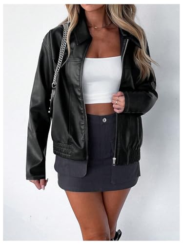 Women's Y2K Faux Leather Jacket Oversized Zip Up Bomber Jacket Going Out Motor Bike Motorcycle Coat Streetwear3