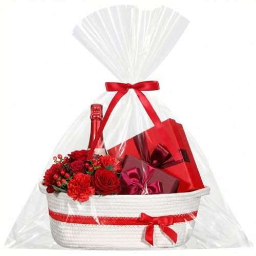Image of Colingmill 1 Set Woven Basket for Gift Empty with Cellophane Wrap Set 14 x 10 x 5.5 Inch, Medium Decorative Gift Basket Empty to Fill, Cotton Rope Storage Box Decor (White Red)
