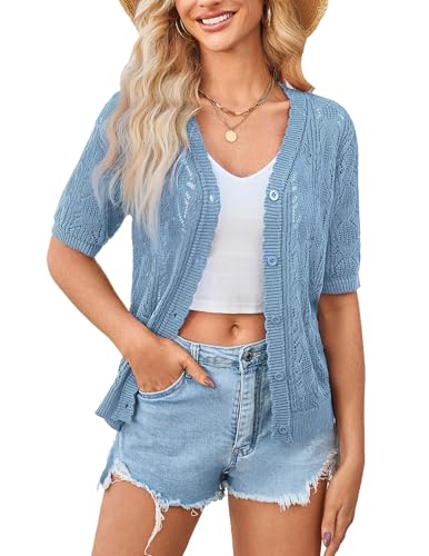 Image of Yekaty Womens 2026 Short Sleeve Crochet Summer Cardigan Cropped Button Sweater Lightweight Shrug for Dress